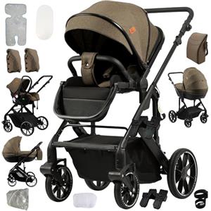 NADDLILY Passeggino 4 in 1, Passeggino Trio con Spinta Reversibile a Due Vie, Trio Passeggini Neonati con Accessori, Carrozzina per Neonati con Design Portatile Pieghevole Un Clic (688 Khaki)