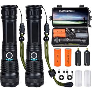 HTBAKOI 2 Pcs Pila Ricaricabile led Torcia Potente Professionale Alta Potenza Campeggio Militare Tattica Torce usb Flashlight Elettrica Super Luminosa Extreme Portatile Trekking 10000 Lumen 5 Modalità