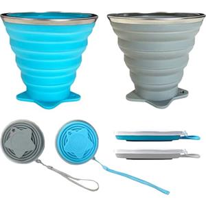 KATLKIU 【KATKLIU】 2 Tazze Pieghevoli Silicone 270ml con Coperchio & Gancio, per Bambini & Adulti, Bicchiere Portatile Campeggio, Escursione, Viaggio, Trekking, Riutilizzabile, duo color set