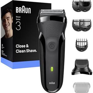 Braun Rasoio elettrico serie 3, 3 lame flessibili, accessorio per regolabarba + 5 pettini, rasoio a secco da uomo, progettato in Germania, 300BT, grigio