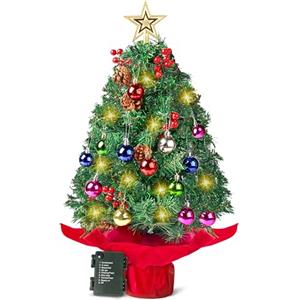 Joiedomi Albero di Natale da tavolo preilluminato da 61 cm, con luci calde, bacche di agrifoglio, pigne per le migliori decorazioni per le festività natalizie