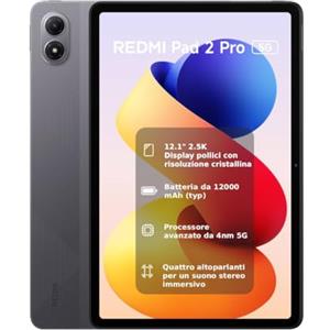 Xiaomi Redmi Pad 2 Pro 5G, 6+128GB, Display 2.5K 120Hz super nitido da 12,1", Batteria da 12.000mAh, Processore 4nm con 5G, Dolby Atmos, Grafite Grigio, Garanzia 2 anni, Caricatore non incluso