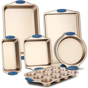 NutriChef Set 6 Teglie da Forno Antiaderente, Acciaio al Carbonio con Manici in Silicone, Stampo per Pane, Stampo per Muffin/Cupcake, Padelle da Arrosto Rotonde e Quadrate, Foglio per Biscotti