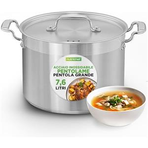 NutriChef Pentola 8 Litri in Acciaio Inox con Coperchio, Pentola Induzione per Zuppe e Stufati