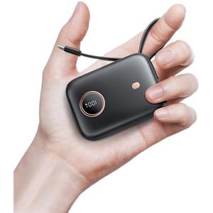 Nllosa Power Bank 10000mAh 22.5W, Mini Caricatore Portatile con Ricarica Rapida, Batteria Portatile con Display LED e Cavo USB-C Integrato, Powerbank USB-C Compatibile con iPhone 15/16 Android Altri, Nero