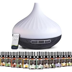 AESHORY Diffusore di Oli Essenziali 500 Ml, Profumatore per Ambienti con Oli Essenziali 12 X 5 Ml, Ultrasuoni Umidificatore Ambiente per Aromaterapia Elettrico con Telecomando, 4 Timer e 7 Colori LED