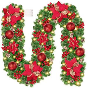 CHOIGN Ghirlanda Natalizia, CHOIGN 2.7M/9 Piedi Decorazioni Natalizie con Luci 30LEDs Alimentate Batterie, Ghirlanda Natale Decorazioni Artificiale per Porta, Camini,Scale,Decorazioni dell'albero di Natale