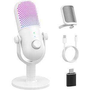 GUEVWES USB Microfono PC Gaming RGB: PC Gaming Microfoni per PS4 & PS5 - Microphone con Pulsante di Silenziamento - Podcast Micro per Youtuber - Regalo Cancellazione del Rumore Microfono per Gamer Bianco