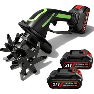 Aisny Motozappa Elettrica, Motozappa a Batteria 21V con 2 Batterie 3000mAh Motocoltivatore con 4 Lame in Metallo Larghezza di Lavoro 10cm Profondità di Lavoro 10cm 235 Giri/min