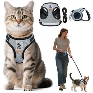 Aedcbaide Pettorina Gatto,Guinzaglio per Gatti di Piccola Taglia con Corda di Trazione Telescopica Automatica da 5 m,Imbracatura Regolabile Pettorina per Gatti con Riflettore(M)