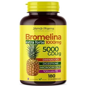 J.ARMOR Bromelina Forte Drenante 5000 Gdu 180 Cpr 1000mg Alto Dosaggio Integratore Drenante Forte Gambe Bromelina Strong Favorisce Microcircolo e Digestione Sgonfia Pancia e Addome Donna Vegan, Senza Glutine