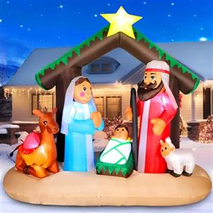 Alampia Decorazione natalizia gonfiabile alta 180 cm/6 piedi, presepe con tetto di paglia verde e 3 personaggi, luci LED integrate, decorazione natalizia religiosa per chiese/giardini, impermeabile IP44