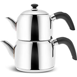 Karaca Edge - Set di mini teiera turca in acciaio inox con coperchio, teiera turca da 0,85 litri e serbatoio dell'acqua da 1,25 litri, manici neri in bachelite non bruciante, bollitore a induzione