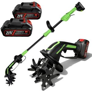 Aisny Motozappa Elettrica, Motozappa a Batteria 21V con 2 Batterie 3000mAh y Mango de 1,3m Motocoltivatore con 4 Lame in Metallo Larghezza di Lavoro 10cm Profondità di Lavoro 10cm 235 Giri/min