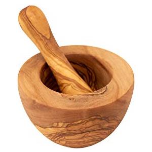 Benera - Set di mortaio e pestello in legno d'ulivo, circa 12 cm di diametro
