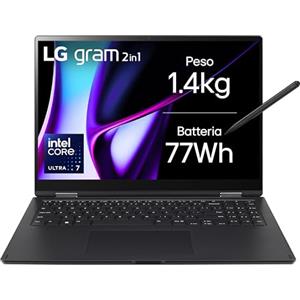 LG gram Pro 2in1 16T90SP Notebook convertibile 16" IPS Touch 2.5K (2560x1600), Intel Core Ultra 7 155H, 16GB RAM, 512GB SSD, Ultraleggero solo 1.4kg, Batteria 77Wh, Windows 11, Tastiera italiana, Nero