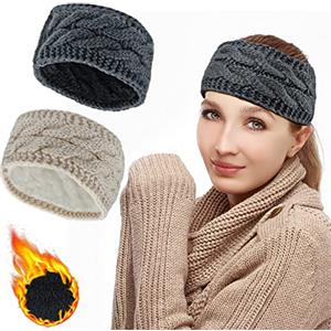 Mygeromon Fasce Invernali Per Capelli Donna Fascia Capelli Caldo Lana Intrecciata Cerchietti Donne Turbante 2 Pezzi (Beige+Grigio Scuro)