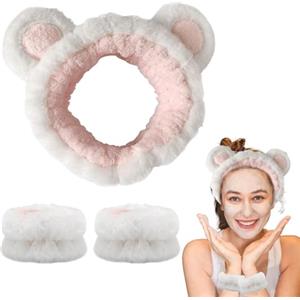 KSJEHW Fascia Capelli Donna Trucco, Fascia Capelli Spugna Fascia Spa con Braccialetto per il Trucco, Fasce Capelli Trucco Fiocco Fascia Doccia Capelli per Lavaggio Viso(Bianco, orecchie d'orso)
