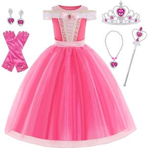 Foierp Vestito Bella Addormentata Costume Principessa Aurora Costume Bambina Deluxe con Accessori Halloween Carnevale Cosplay Compleanno Natale Festa Vestito