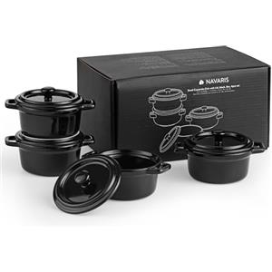 Navaris Set 4 Cocotte Monoporzione da Forno - Piccole Pirofile Rotonde con Coperchio Ø 10,8cm - Terrine in Grés Porcellanato - Mini Cocotte Impilabili per Porzioni Singole - Nero