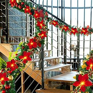 Bseical Poinsettia Ghirlanda Di Natale Con Luce - Decorativa Per Porta, Camino, Scala, Albero - Piegare A Piacimento (3m+20 Luci)