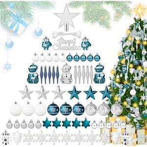 Charmofun Palline di Natale con LED luci, Set di 70 Decorazioni Albero di Natale, Odecorazioni Palline Natalizie Infrangibili Plastica Con Gancio, Addobbi E Decorazioni (Argento blu e bianco)