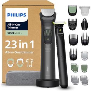 Philips Rifinitore All-in-one Multigroom Serie 9000 23 in 1 - Rasoio + Rifinitore uomo OneBlade - Set completo per viso, testa e corpo, 27 impostazioni di lunghezza (0,2-20 mm), Modello MG9561/30