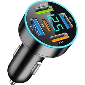 YCioel 5-Porte Caricabatterie Auto, 66W Caricatore Auto USB C PD30W+QC3.0+3.1A, Adattatore Accendisigari USB con Voltmetro LED, per iPhone 15 14 13 Pro Max Samsung Android Tablet, ecc
