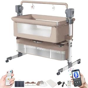 Nine point nine Elettrico Bluetooth Intelligente Culla Next to Me, Culla Neonato Fianco Letto, Convertibile Co-sleeping per Bambini Pieghevole con Musica 5 Ingranaggi Ondeggianti (601 Beige)