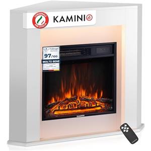 KAMINIO Camino elettrico Matti - Caminetto ad angolo con riscaldamento, effetto fiamma 3D, luce ambiente a LED, telecomando - Angolo (Bianco)