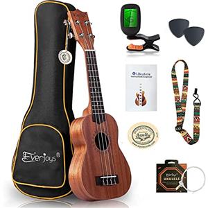 Everjoys Starter Kit per ukulele soprano in mogano - Professionale da 21 pollici con accordatore con cinturino per corde Aquila