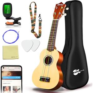 Everjoys Soprano Ukulele, Uculele da 21 Pollici con Borsa, Accordatore, Corde Aggiuntive, Cinturino, Plettri, Okulele Strumento Musicale per Adulti, Natural