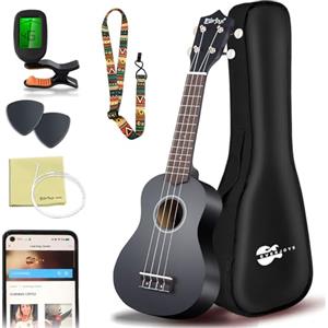 Everjoys Ukulele Soprano per Principiante Adulto Ukulele da 21 Pollici con Borsa, Accordatore, Corde Aggiuntive, Cinturino, Plettri, Nero