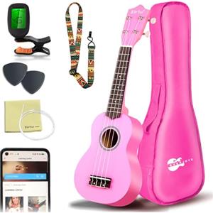 Everjoys Ukulele Soprano per Principiante Adulto Uculele da 21 Pollici con Borsa, Accordatore, Corde Aggiuntive, Cinturino, Plettri, Rosa