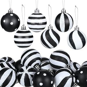 Riceshoot 24 palline di Natale bianche e nere da 6,9 cm, a strisce, da appendere, in plastica nera, decorazioni natalizie per la casa e le feste, accessori per alberi di Natale