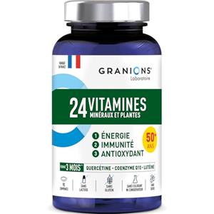 Granions 24 Vitamine Immunità, Energia e Antiossidante, Minerali e Piante, Vitamine A, B,C, D3, E + Oligoelementi Zinco Magnesio + CoQ10, Assimilazione Ottimale, 90 Compresse