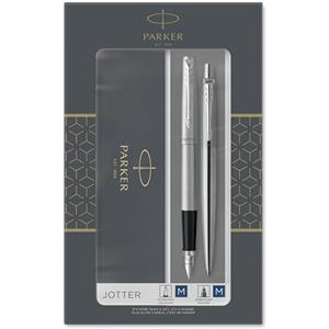 Parker Jotter Duo Set con Penna a Sfera e Penna Stilografica in Acciaio Inossidabile con Finiture Cromata, Confezione Regalo