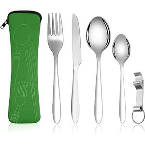 Vicloon Set di Posate con Custodia Portatile, 5 Pezzi in Acciaio Inossidabile con Apribottiglie, da Viaggio Coltello Forchetta Cucchiaio per Campeggio Picnic Scuola Pranzo (Verde)