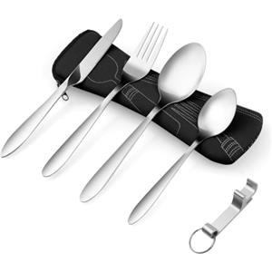 Vicloon Set di Posate con Custodia Portatile, 5 Pezzi in Acciaio Inossidabile con Apribottiglie, da Viaggio Coltello Forchetta Cucchiaio per Campeggio Picnic Scuola Pranzo (Nero)
