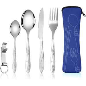 Vicloon Set di Posate con Custodia Portatile, 5 Pezzi in Acciaio Inossidabile con Apribottiglie, da Viaggio Coltello Forchetta Cucchiaio per Campeggio (Blu Navy)
