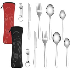 Vicloon 2 Pezzi Posate da Viaggio, Set di Posate Acciaio Inox con Borsa, Coltello, Forchetta, Cucchiaio, Apribottiglie per Viaggi, Campeggio, Ufficio, Scuola, Lavabili in Lavastoviglie (Rot/Schwarz)