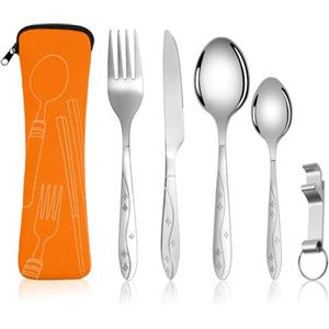 Vicloon Set di Posate con Custodia Portatile, 5 Pezzi in Acciaio Inossidabile con Apribottiglie, da Viaggio Coltello Forchetta Cucchiaio per Campeggio (Sarancia)