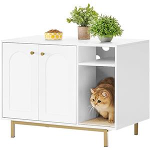Hzuaneri Mobile Lettiera per Gatti, Mobiletto Lettiera Gatto, Casa per Gatto Multifunzione, Con Porta e Divisorio Separato, Armadietto per Gatti, Facile da Montare, Bianco e Oro 01503GCLB