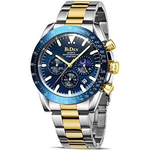 HANPOSH Orologio da uomo 30 m, impermeabile, con quadrante grande, data, cronografo e movimento al quarzo, acciaio inossidabile, in pelle, cinturino in gomma, regalo elegante per papà e amici,