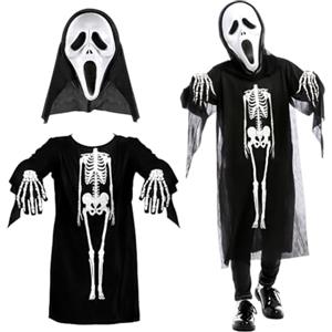 HAJXXMM Costume da Halloween con Urlo, Costume da Scheletro Horror per Bambini, Completo di Maschera con urlo e Guanti da Scheletro, Ideale per Feste di Halloween e Balli in Maschera per Bambini-E