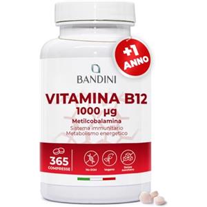 Bandini® Vitamina B12 365 Compresse (+ 1 Anno), Metilcobalamina 1000µg, 100% Vegan, Vitamine B 12 per il Sistema Immunitario, Vit per Normale Metabolismo energetico, Stanchezza Fisica e Mentale