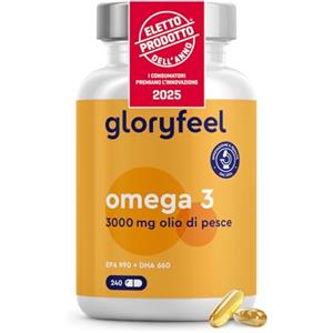 Gloryfeel Omega 3 ad Alto Dosaggio - Eletto PRODOTTO DELL'ANNO 2025-3000 mg di Olio di Pesce (990 mg EPA + 660 mg DHA) - 240 Capsule in Forma di Trigliceridi - Olio di Pesce Altamente Biodisponibile