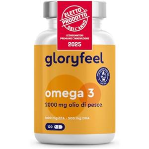 Gloryfeel Omega 3 2000mg, Eletto PRODOTTO DELL'ANNO 2025, 1000mg EPA + 500mg DHA, Olio di Pesce Omega 3, 120 Capsule, in Forma Trigliceridi Riesterificati, Integratore Omega 3, Fonte di Acidi Grassi Essenziali
