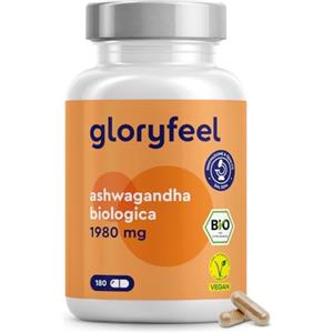 Gloryfeel Ashwagandha Bio, 180 Capsule, Alto Dosaggio 1980mg, Ashwagandha Bio da Polvere di Ashwagandha, Vegan, Withania Somnifera Adattogeno Naturale, Rimedio Ayurvedico Stress & Mente, Testato in Laboratorio