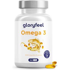Gloryfeel Omega 3 Capsule Alto Dosaggio, Senza Retrogusto di Pesce*, 3000mg Olio di Pesce (Forma di Trigliceridi), 240 Capsule con Vitamina E, Integrazione Ideale di EPA e DHA, Testato in Laboratorio